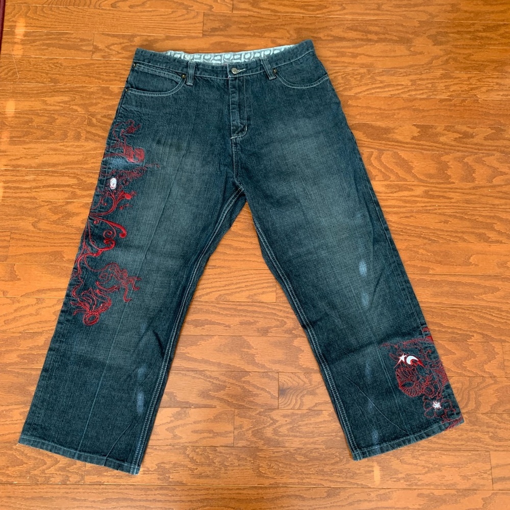 Artfil Dodger Red Embroidered Black Jeans 38